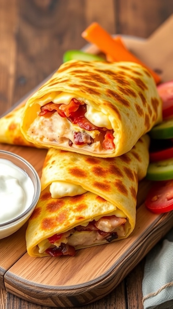 Crispy air fryer bacon and cheese wrap sliced in half, served with ranch dressing and fresh vegetables.